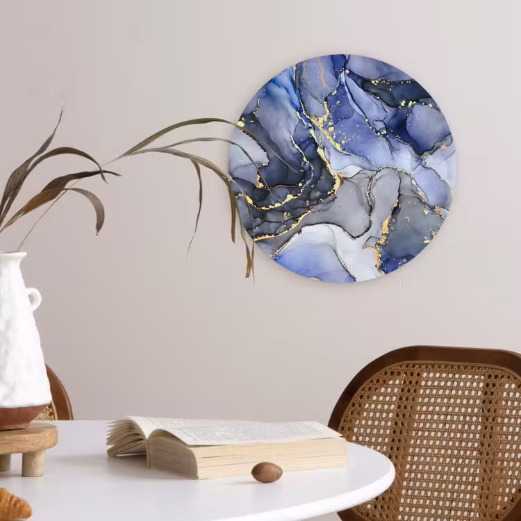 Marmer - Goud - Abstract - Blauw Wandcirkel kunststof plaat 5mm dik klein -sfeer4