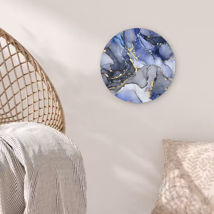 Marmer - Goud - Abstract - Blauw Wandcirkel kunststof plaat 5mm dik klein -sfeer5