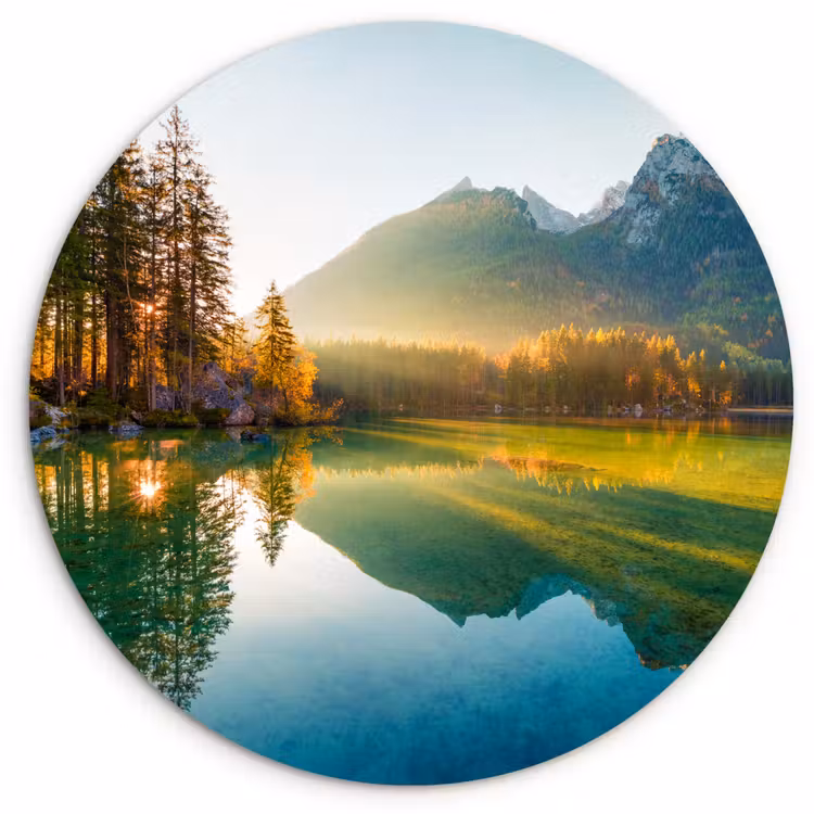 Meer - Bos - Bergen - Natuur - Zon - Landschap Wandcirkel kunststof plaat 5mm dik klein -3d