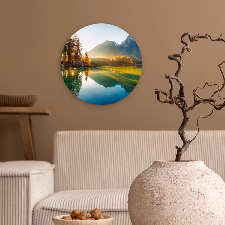 Meer - Bos - Bergen - Natuur - Zon - Landschap Wandcirkel kunststof plaat 5mm dik klein -sfeer1