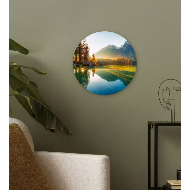 Meer - Bos - Bergen - Natuur - Zon - Landschap Wandcirkel kunststof plaat 5mm dik klein -sfeer3