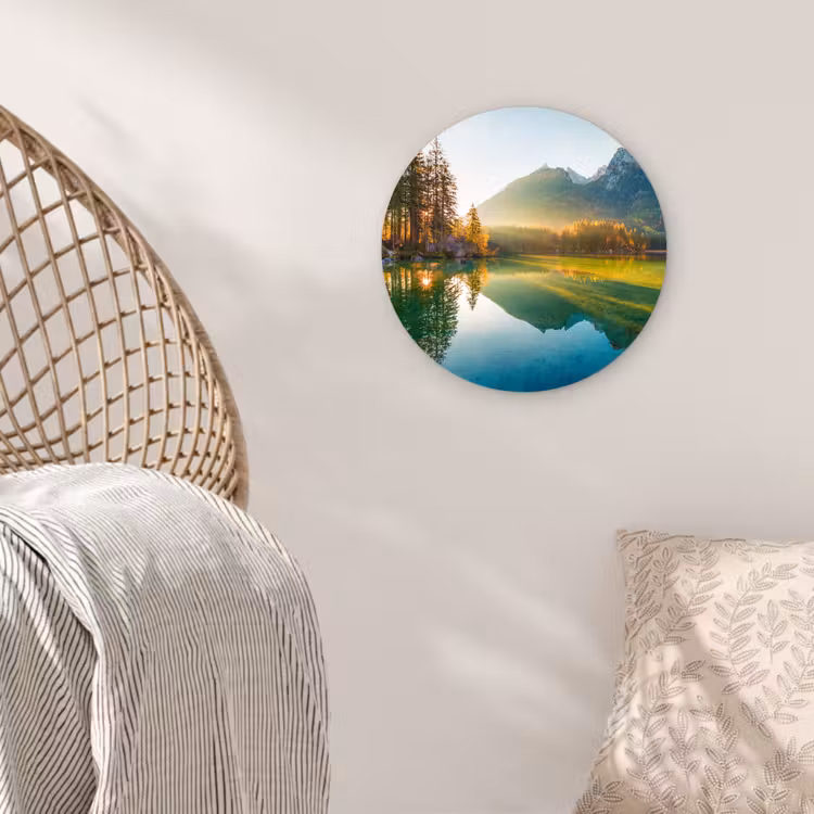Meer - Bos - Bergen - Natuur - Zon - Landschap Wandcirkel kunststof plaat 5mm dik klein -sfeer5