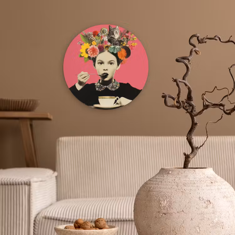 Meisje - Kopje - Bloemen - Roze Wandcirkel kunststof plaat 5mm dik klein -sfeer1