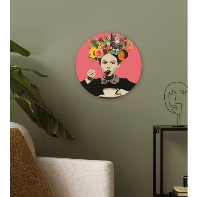 Meisje - Kopje - Bloemen - Roze Wandcirkel kunststof plaat 5mm dik klein -sfeer3