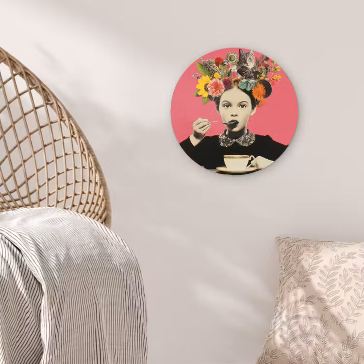 Meisje - Kopje - Bloemen - Roze Wandcirkel kunststof plaat 5mm dik klein -sfeer5