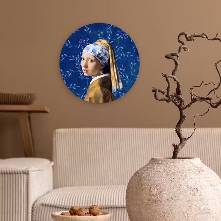 Meisje met de parel - Delfts blauw - Vermeer - Bloemen - Schilderij - Oude meesters Wandcirkel kunststof plaat 5mm dik klein -sfeer1