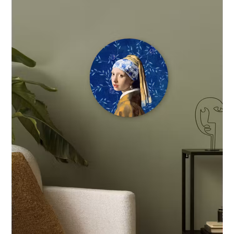Meisje met de parel - Delfts blauw - Vermeer - Bloemen - Schilderij - Oude meesters Wandcirkel kunststof plaat 5mm dik klein -sfeer3
