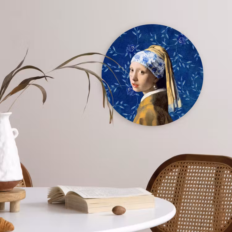 Meisje met de parel - Delfts blauw - Vermeer - Bloemen - Schilderij - Oude meesters Wandcirkel kunststof plaat 5mm dik klein -sfeer4