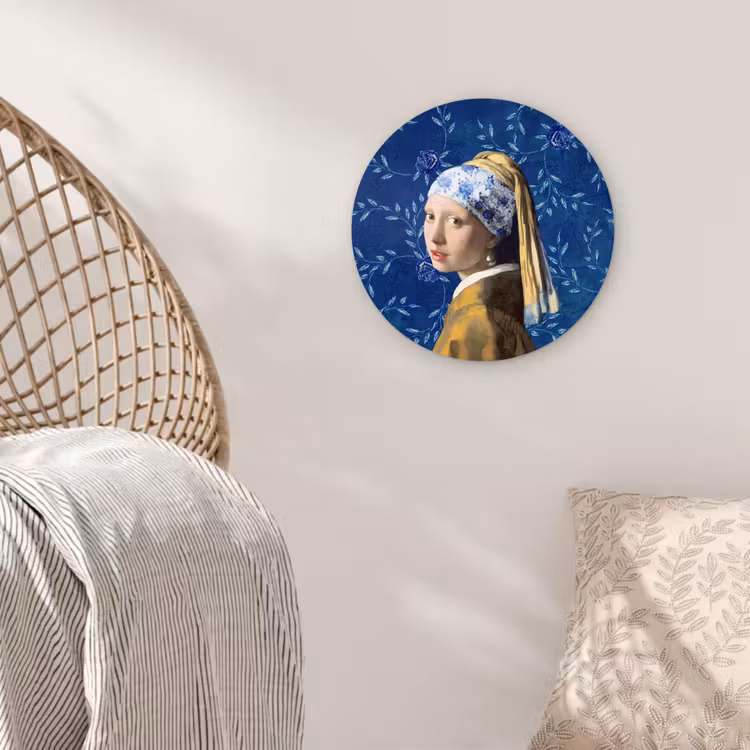 Meisje met de parel - Delfts blauw - Vermeer - Bloemen - Schilderij - Oude meesters Wandcirkel kunststof plaat 5mm dik klein -sfeer5