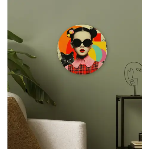 Meisje - Zonnebril - Kat - Retro Wandcirkel kunststof plaat 5mm dik klein -sfeer3