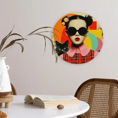 Meisje - Zonnebril - Kat - Retro Wandcirkel kunststof plaat 5mm dik klein -sfeer4