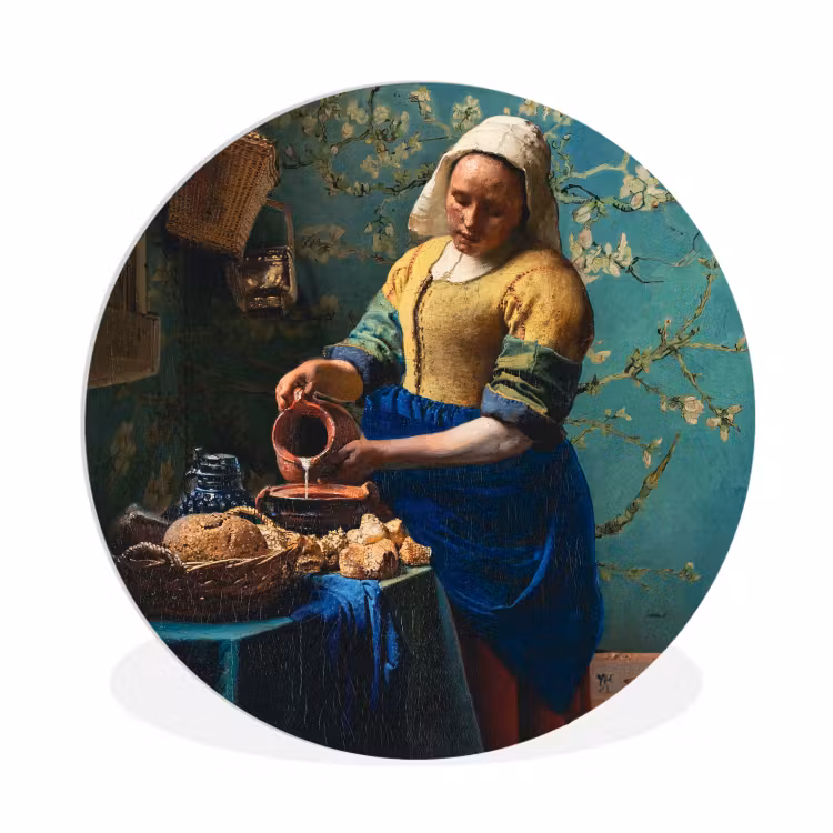 Melkmeisje - Amandelbloesem - Van Gogh - Vermeer - Schilderij - Oude meesters Wandcirkel kunststof plaat 5mm dik klein -3d