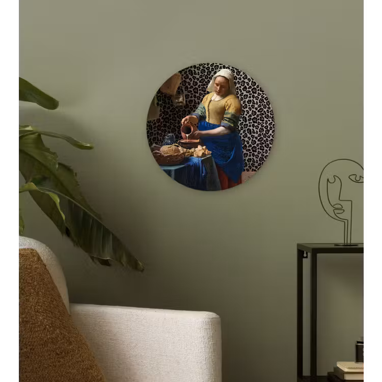 Melkmeisje - Kunst - Panterprint - Vermeer - Schilderij - Oude meesters Wandcirkel kunststof plaat 5mm dik klein -sfeer3