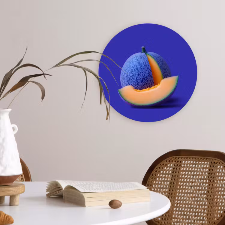 Meloen - Blauw - Oranje - Kunstzinnig Wandcirkel kunststof plaat 5mm dik klein -sfeer4