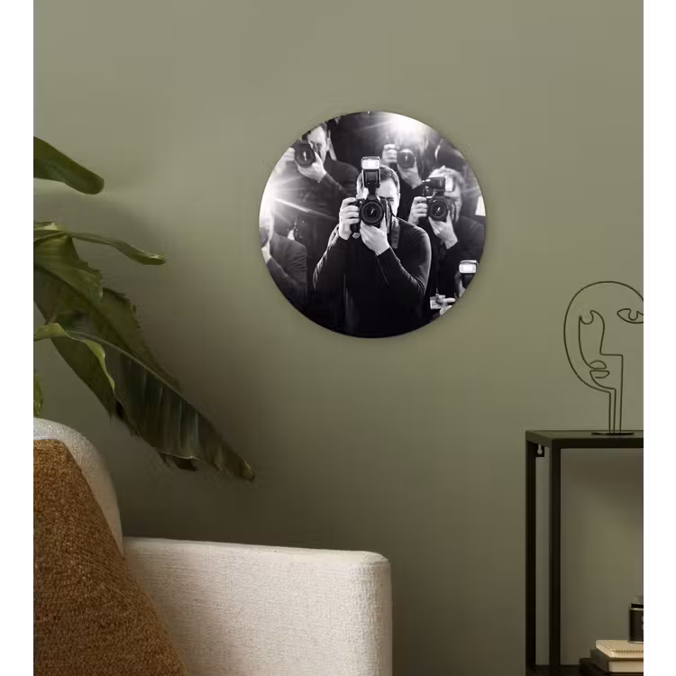 Mensen - Camera - Flitslicht - Zwart-wit - Media Wandcirkel kunststof plaat 5mm dik klein -sfeer3