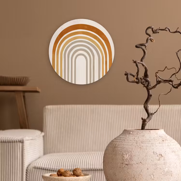 Minimalistisch - Boog - Lijnen - Beige Wandcirkel kunststof plaat 5mm dik klein -sfeer1