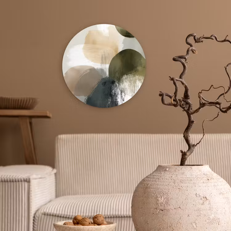 Minimalistisch - Cirkels - Penseelstreken - Beige Wandcirkel kunststof plaat 5mm dik klein -sfeer1