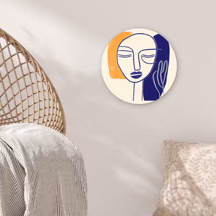 Minimalistisch - Gezicht - Hand - Oranje - Blauw Wandcirkel kunststof plaat 5mm dik klein -sfeer5