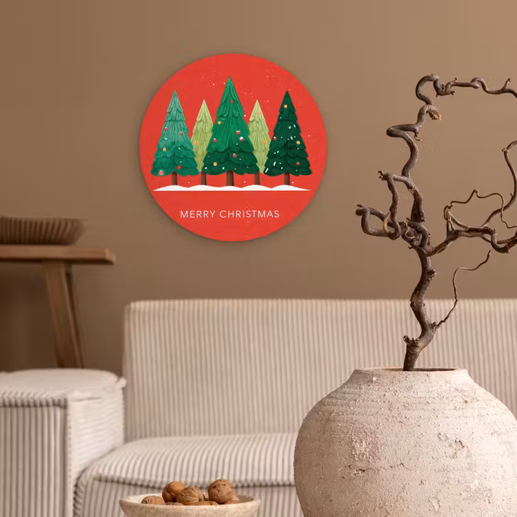 Minimalistisch - Kerstbomen - Rood - Sneeuw Wandcirkel kunststof plaat 5mm dik klein -sfeer1