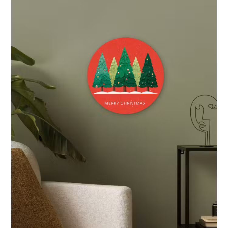 Minimalistisch - Kerstbomen - Rood - Sneeuw Wandcirkel kunststof plaat 5mm dik klein -sfeer3