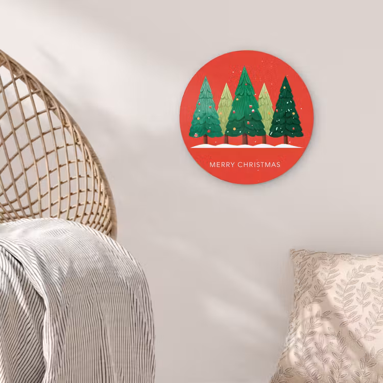 Minimalistisch - Kerstbomen - Rood - Sneeuw Wandcirkel kunststof plaat 5mm dik klein -sfeer5