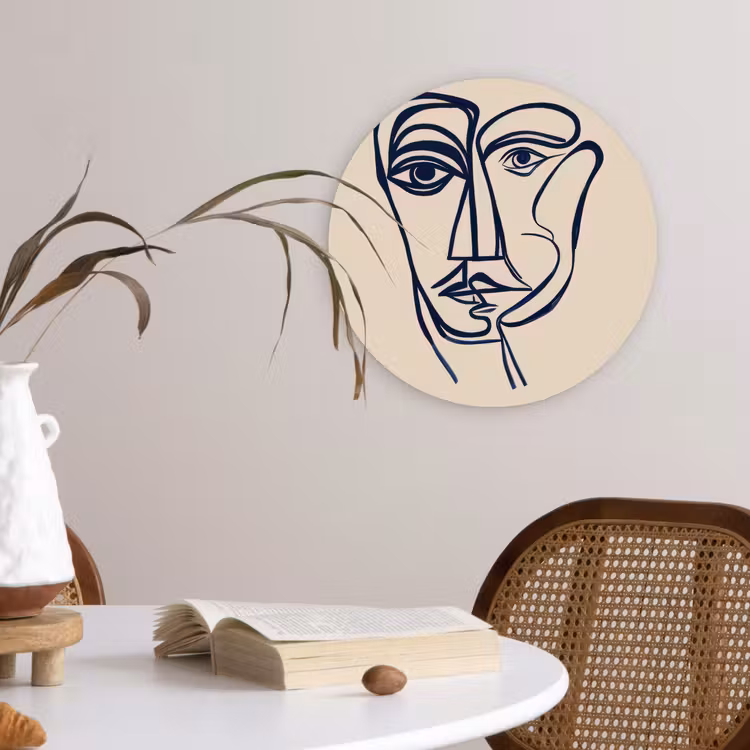 Minimalistisch - Lijnillustratie - Beige - Donkerblauw Wandcirkel kunststof plaat 5mm dik klein -sfeer4