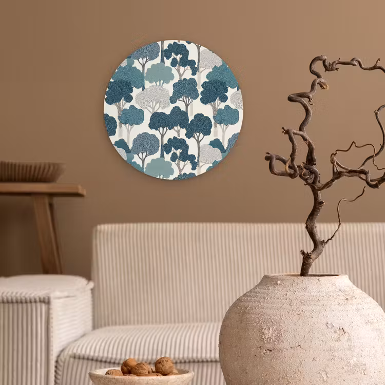 Modern - Bomen - Bos - Patroon - Blauw Wandcirkel kunststof plaat 5mm dik klein 188 -sfeer1