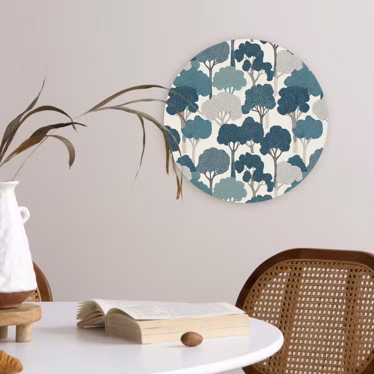 Modern - Bomen - Bos - Patroon - Blauw Wandcirkel kunststof plaat 5mm dik klein 188 -sfeer4