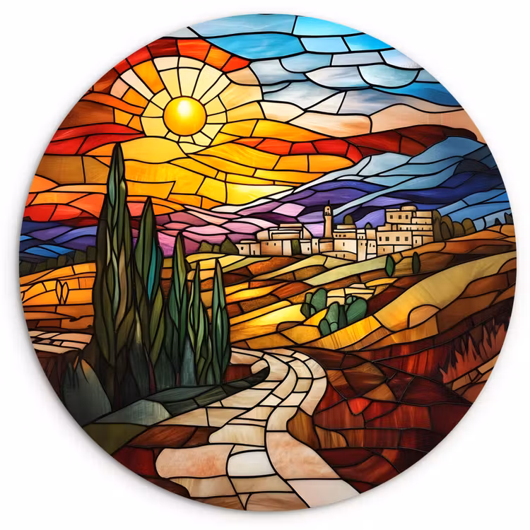 Mozaïek - Zon - Landschap - Dorp Wandcirkel kunststof plaat 5mm dik klein -3d