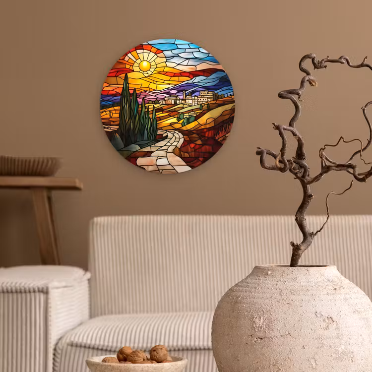 Mozaïek - Zon - Landschap - Dorp Wandcirkel kunststof plaat 5mm dik klein -sfeer1