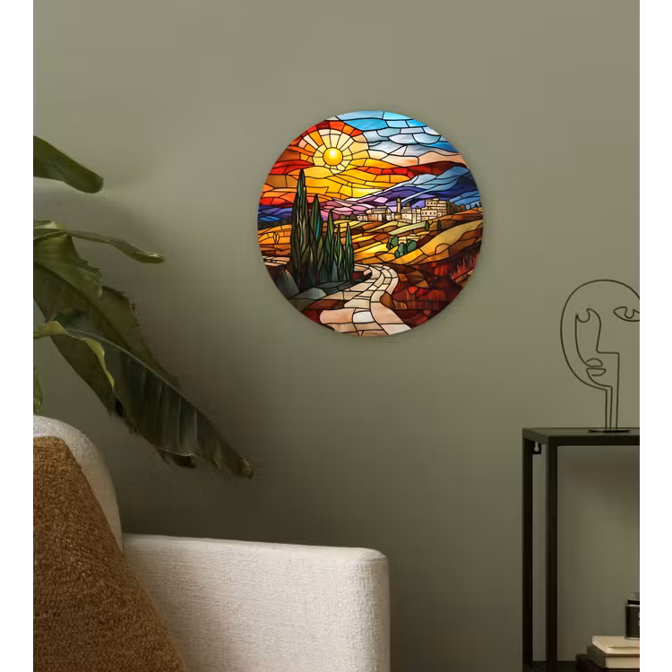 Mozaïek - Zon - Landschap - Dorp Wandcirkel kunststof plaat 5mm dik klein -sfeer3