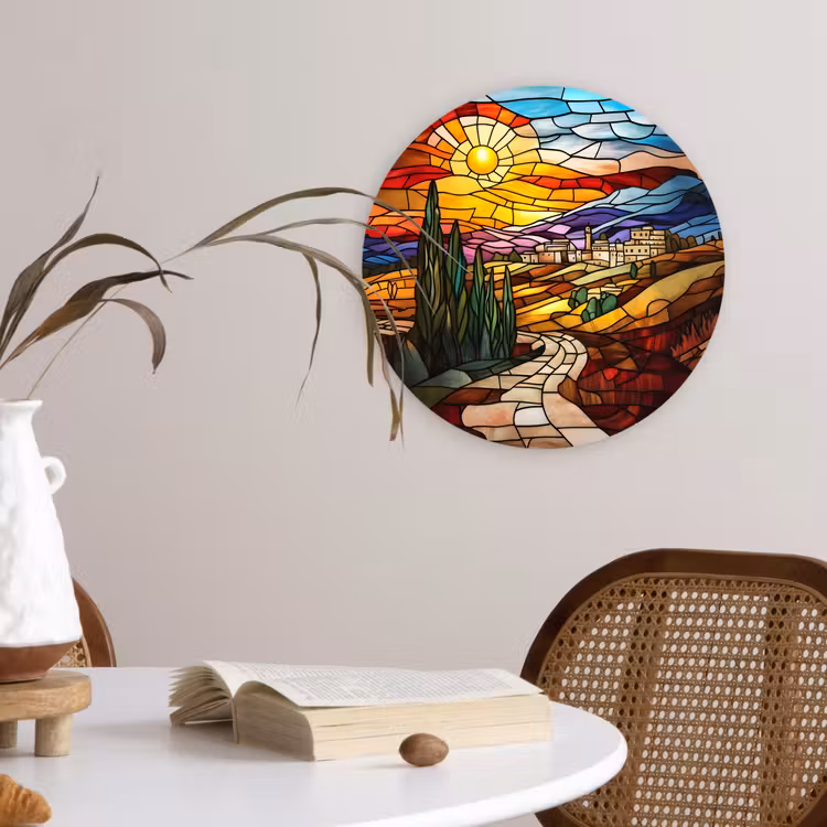 Mozaïek - Zon - Landschap - Dorp Wandcirkel kunststof plaat 5mm dik klein -sfeer4