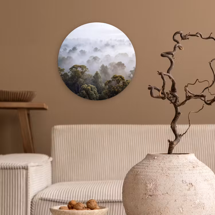 Natuur - Mist - Bos - Ochtend - Goud Wandcirkel kunststof plaat 5mm dik klein -sfeer1
