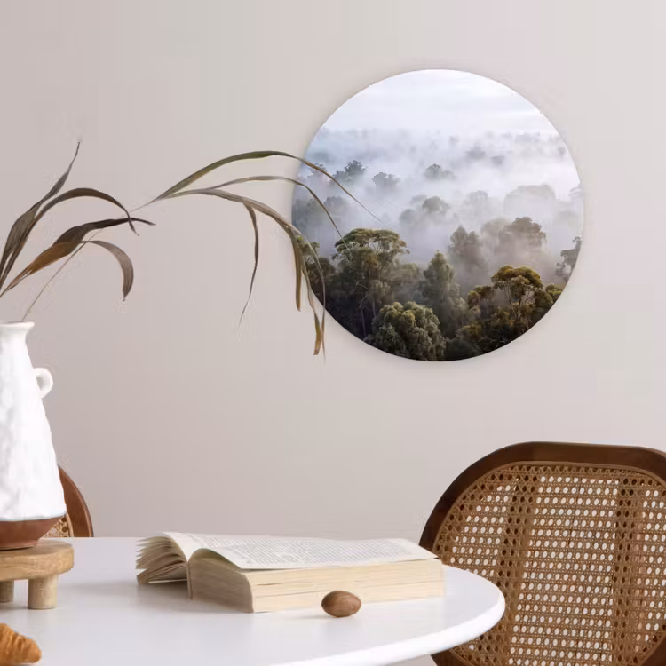 Natuur - Mist - Bos - Ochtend - Goud Wandcirkel kunststof plaat 5mm dik klein -sfeer4