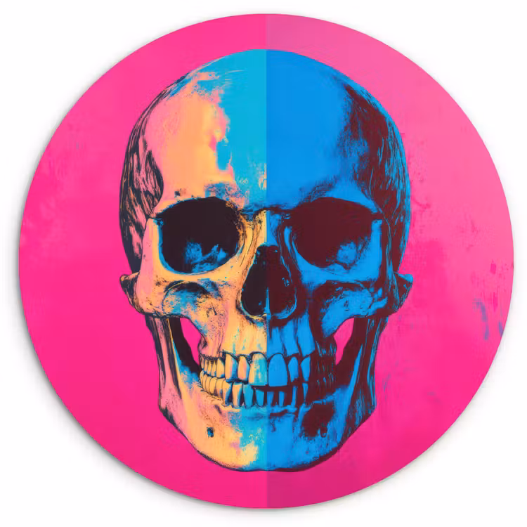 Neon - Blauw - Pop-art - Schedel Wandcirkel kunststof plaat 5mm dik klein -3d