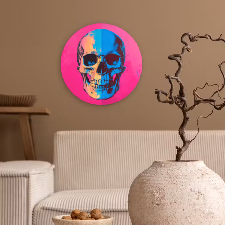 Neon - Blauw - Pop-art - Schedel Wandcirkel kunststof plaat 5mm dik klein -sfeer1