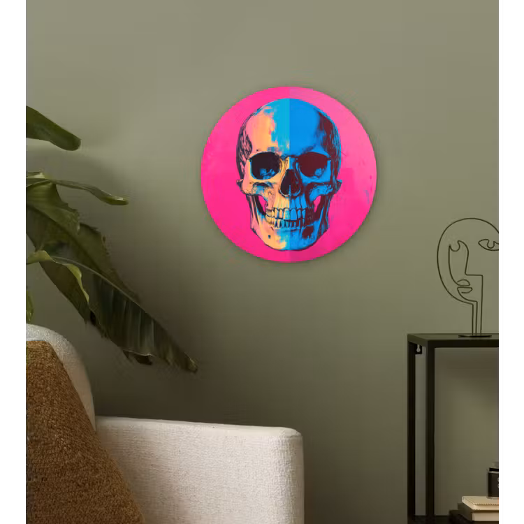 Neon - Blauw - Pop-art - Schedel Wandcirkel kunststof plaat 5mm dik klein -sfeer3