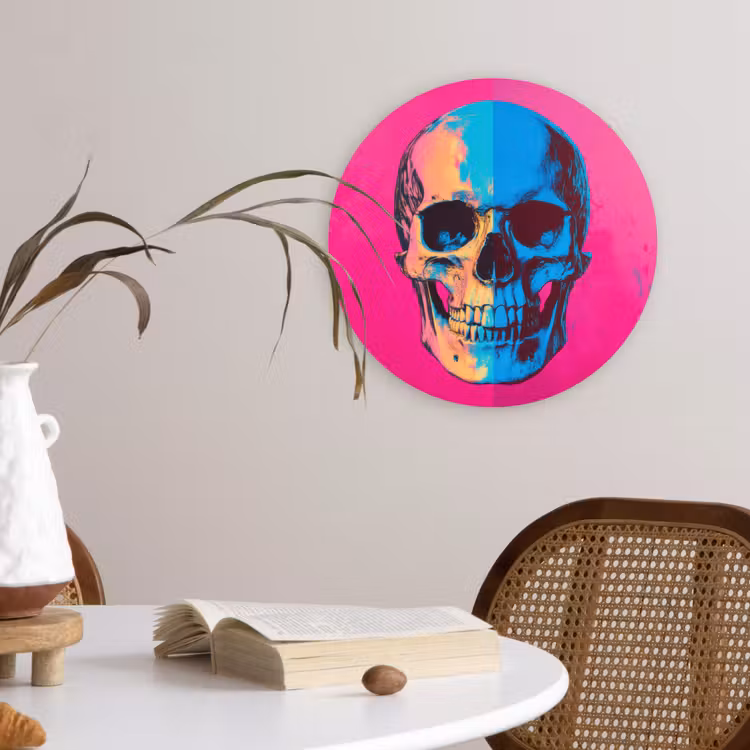 Neon - Blauw - Pop-art - Schedel Wandcirkel kunststof plaat 5mm dik klein -sfeer4
