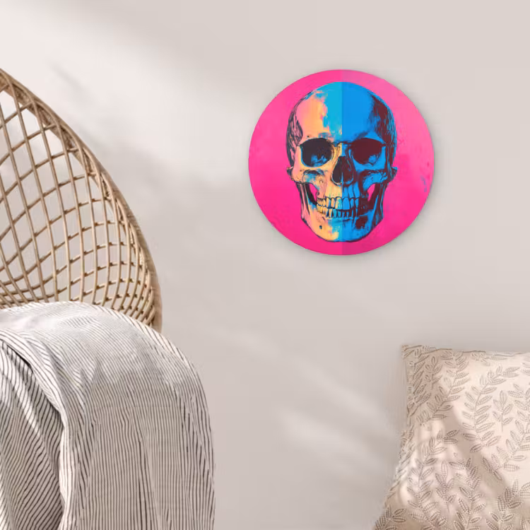 Neon - Blauw - Pop-art - Schedel Wandcirkel kunststof plaat 5mm dik klein -sfeer5