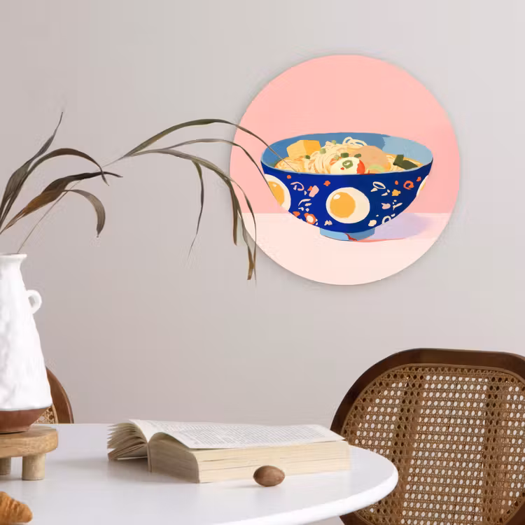 Noodles - Kom - Blauw - Illustratie Wandcirkel kunststof plaat 5mm dik klein -sfeer4