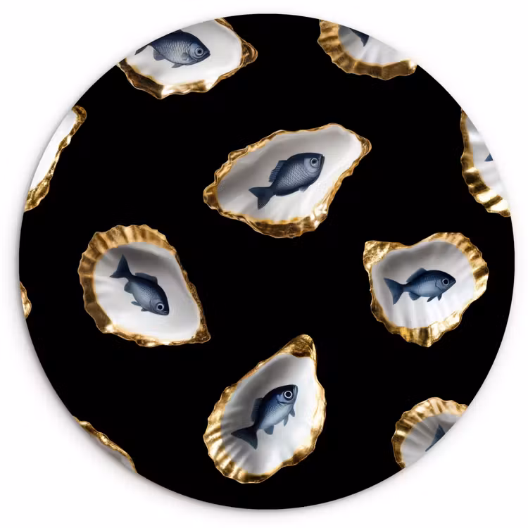 Oesters - Vissen - Blauw - Goud Wandcirkel kunststof plaat 5mm dik klein -3d