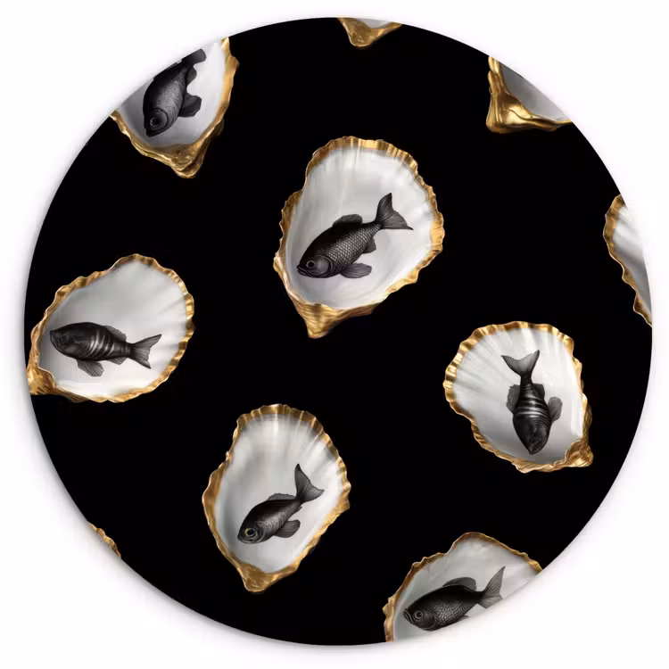 Oesters - Zwart - Vissen - Goud Wandcirkel kunststof plaat 5mm dik klein -3d