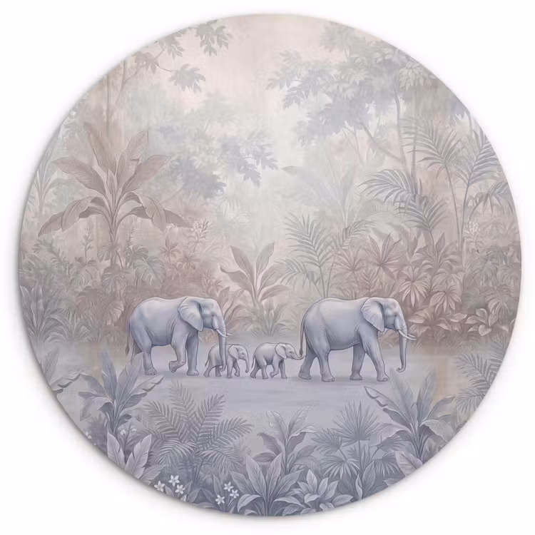 Olifant - Familie - Jungle - Illustratie - Grijs Wandcirkel kunststof plaat 5mm dik klein -3d