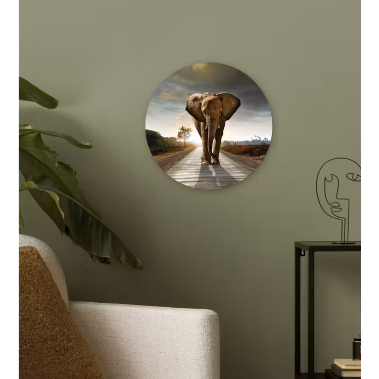 Olifant - Weg - Dieren - Zonsondergang - Landschap Wandcirkel kunststof plaat 5mm dik klein -sfeer3