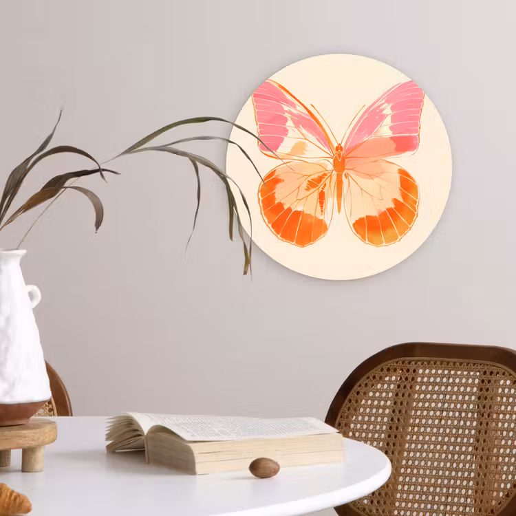 Oranje - Vlinder - Minimalistisch Wandcirkel kunststof plaat 5mm dik klein -sfeer4