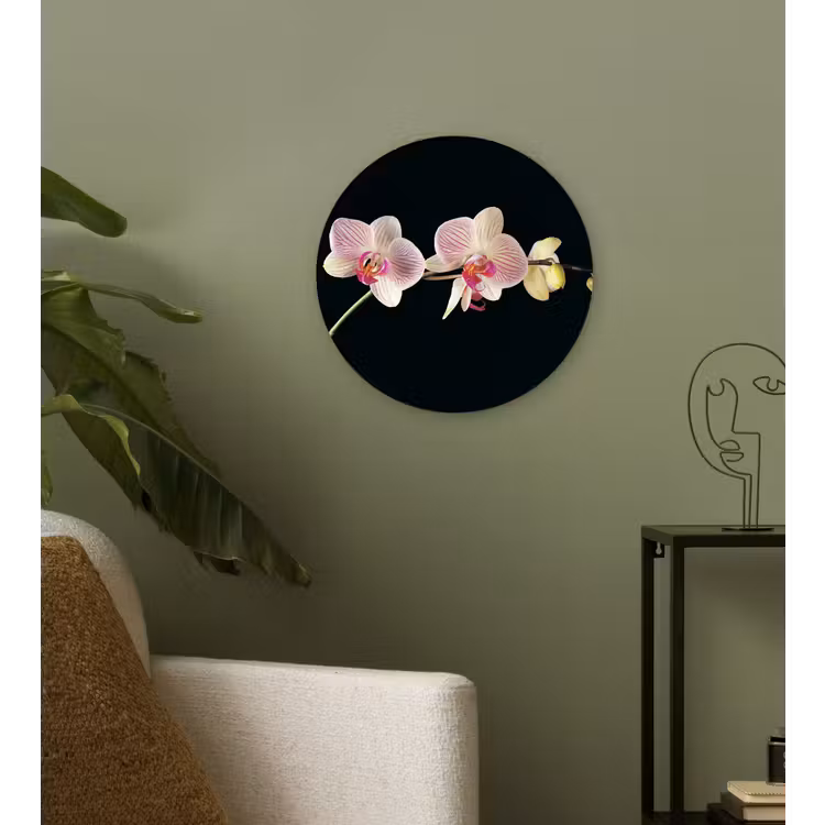 Orchidee - Bloemen - Zwart - Roze - Knoppen Wandcirkel kunststof plaat 5mm dik klein -sfeer3