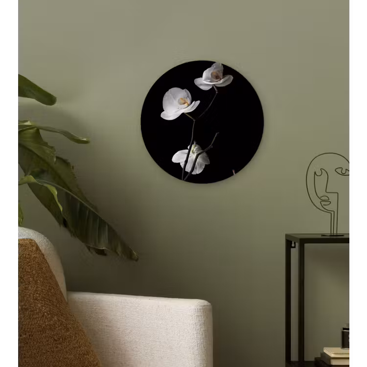 Orchidee - Bloemen - Zwart - Wit - Stilleven Wandcirkel kunststof plaat 5mm dik klein -sfeer3