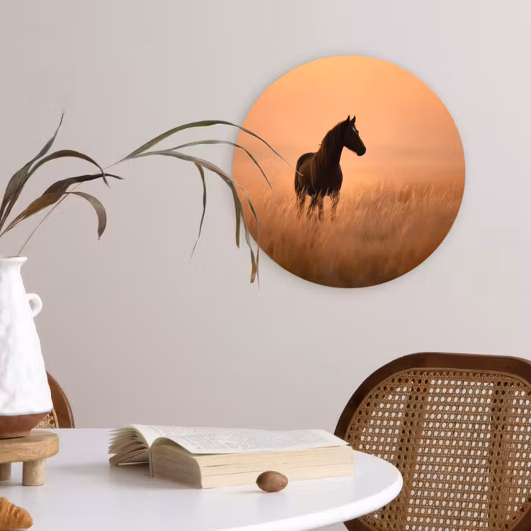 Paard - Grasveld - Zonsondergang Wandcirkel kunststof plaat 5mm dik klein -sfeer4
