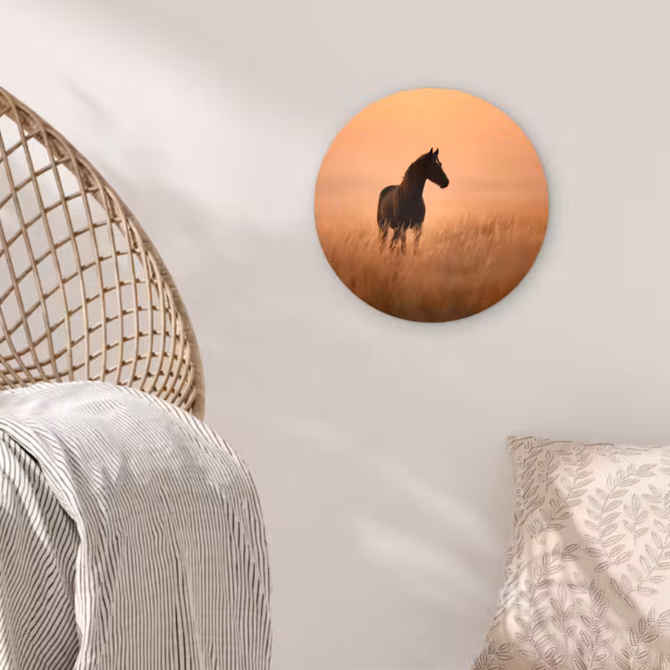 Paard - Grasveld - Zonsondergang Wandcirkel kunststof plaat 5mm dik klein -sfeer5