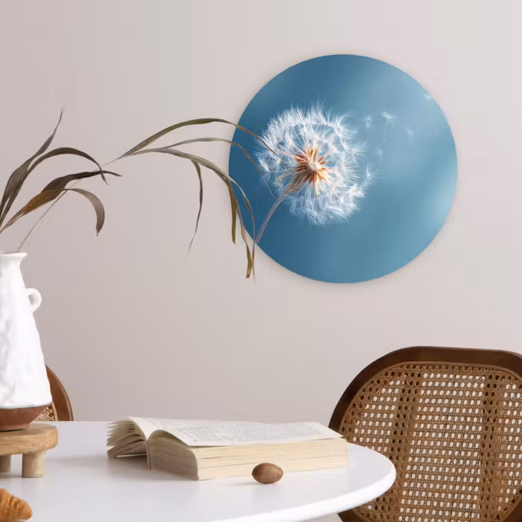 Paardenbloem - Wind - Blauw Wandcirkel kunststof plaat 5mm dik klein -sfeer4
